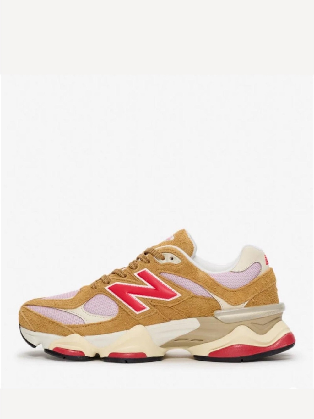 New Balance 9060 Women's Tan & Pink Retro Runner with Red Logo